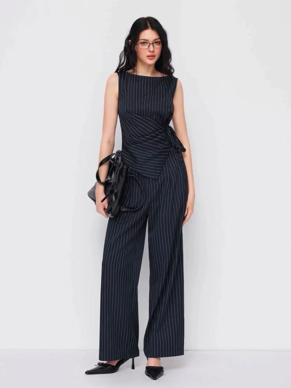 Cider BOAT NECK STRIPED WRAP KNOTTED TOP & MID RISE STRAIGHT LEG TROUSERS medium
